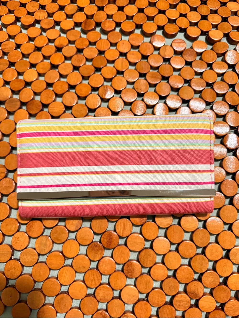Striped Pink & Cream Card Holder Wallet with Gold Accent